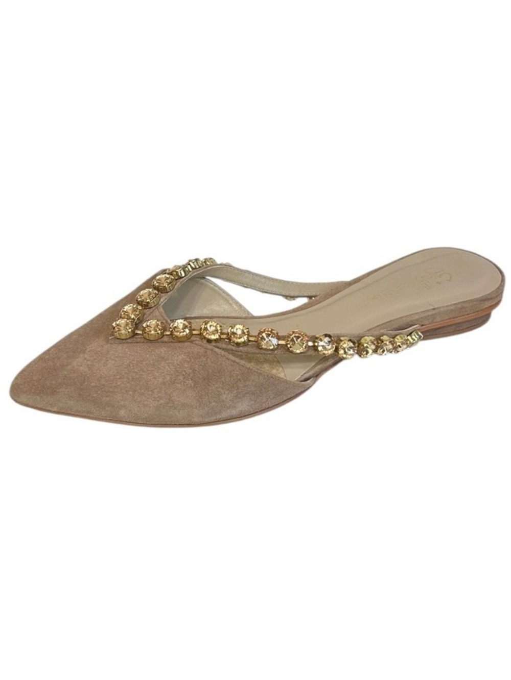 Guilhermina Embellished Slides Sz 6M Tan Pointed Toe Mules Bedazzled Flats Shoes